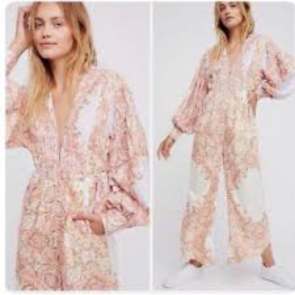 Free People Blooming Fields Boho Paisley Wide‎ Leg Jumpsuit Size S